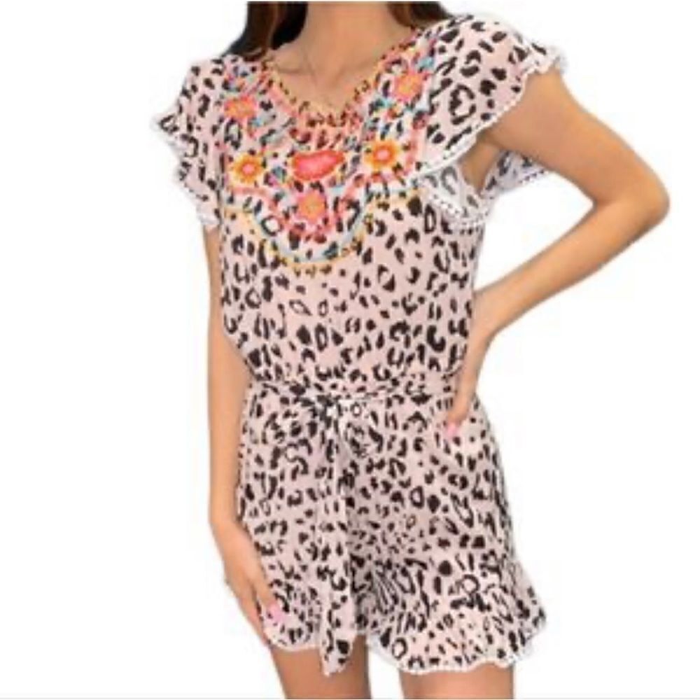 Savanna Jane Animal Print Mocha Black Floral Embroidery Romper